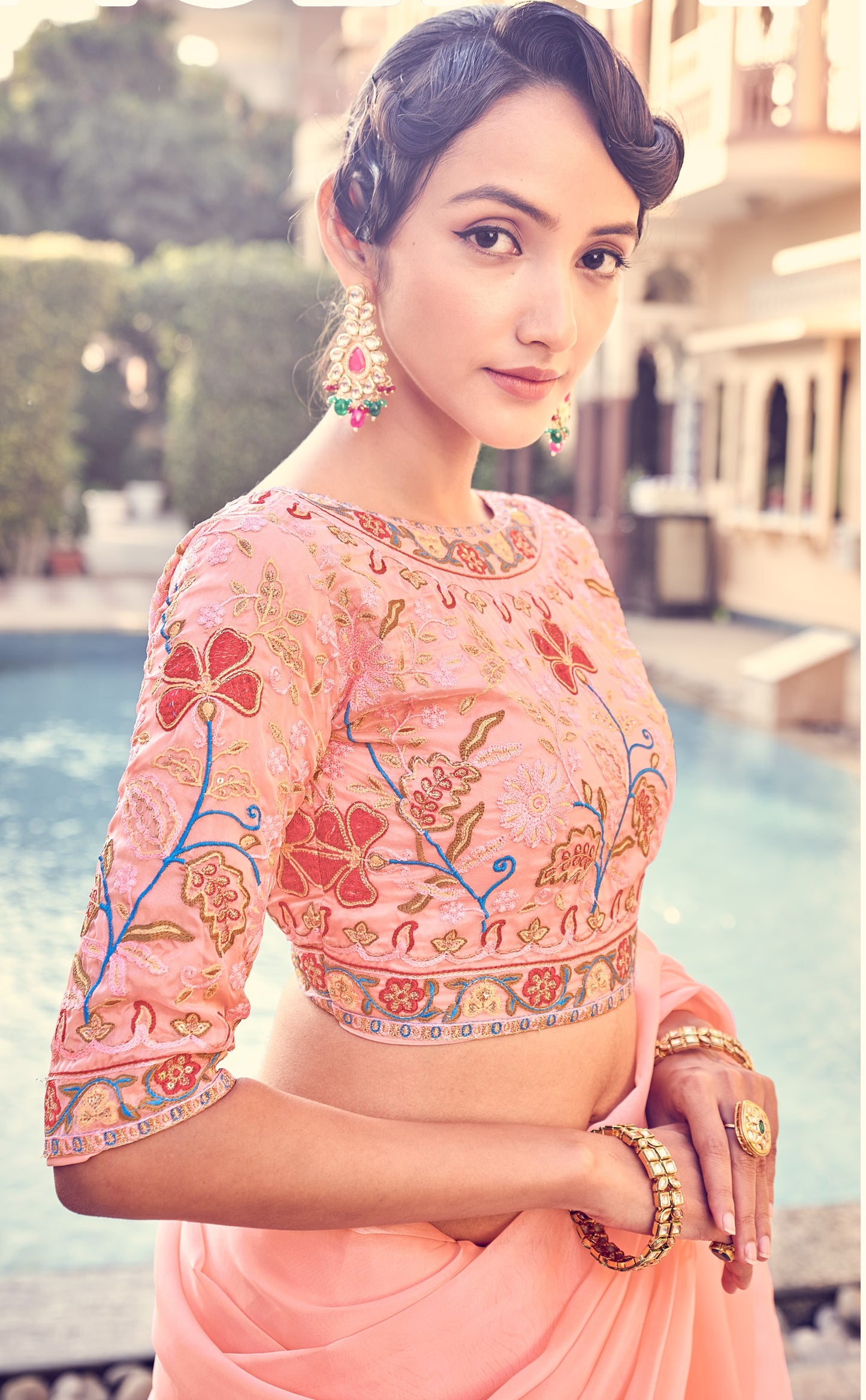 Peach Color Sequins Work Organza Frill Saree