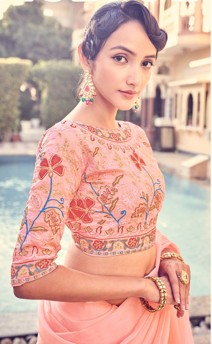 Peach Color Sequins Work Organza Frill Saree