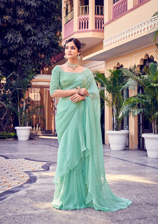 Sea Green Color Sequins Work Organza Frill Saree