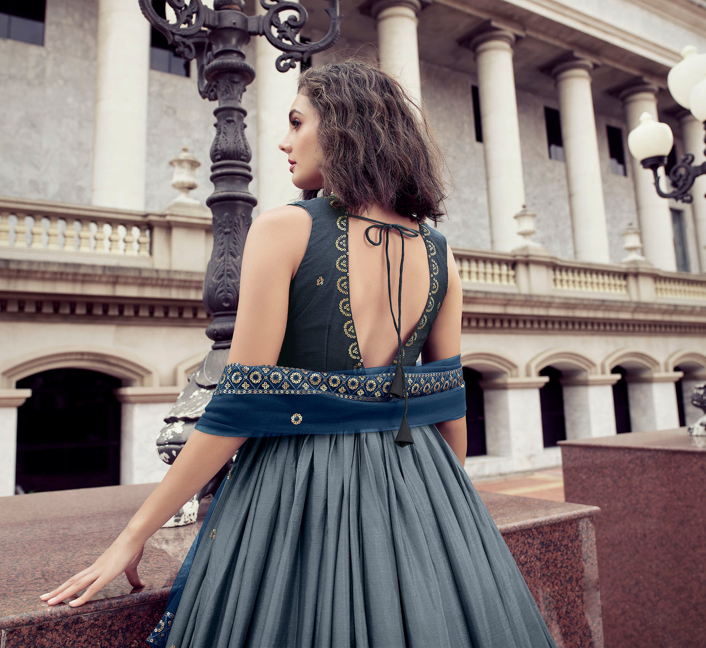 Beautiful Grey & Blue Color Chinnon Anarkali