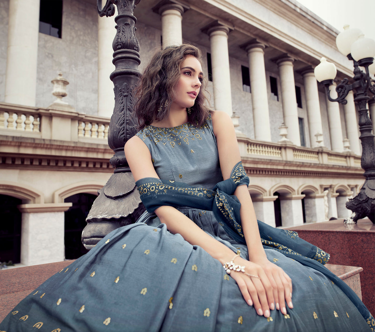 Beautiful Grey & Blue Color Chinnon Anarkali