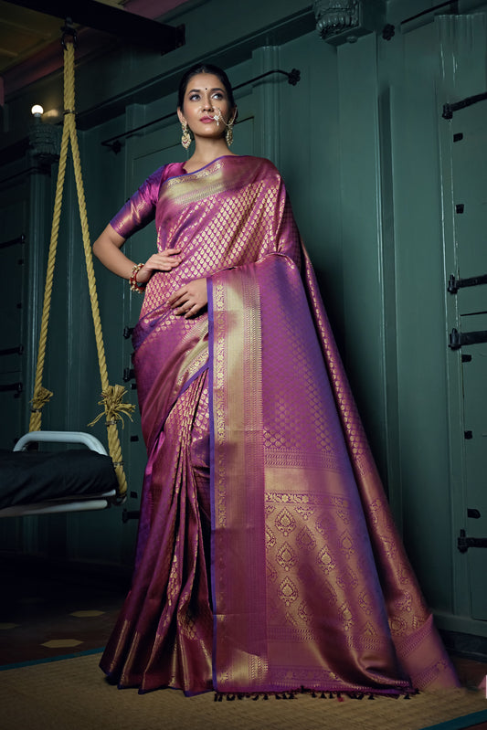 Purple Color Golden Zari Kanjeevaram Silk Saree