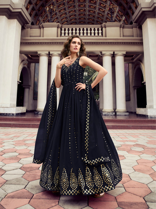 Dark Blue Color Georgette Sequence Embroidery Anarkali for Bridesmaid