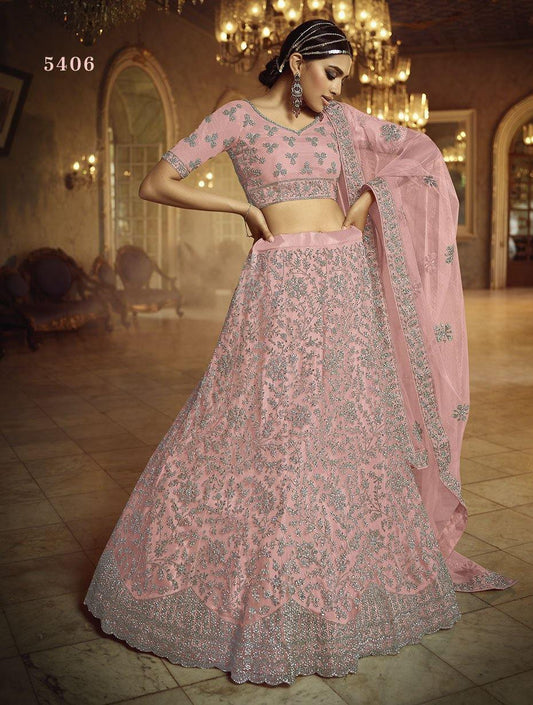 Pink Fabric Soft Net Bridal Lehenga Size    - Glamou  al