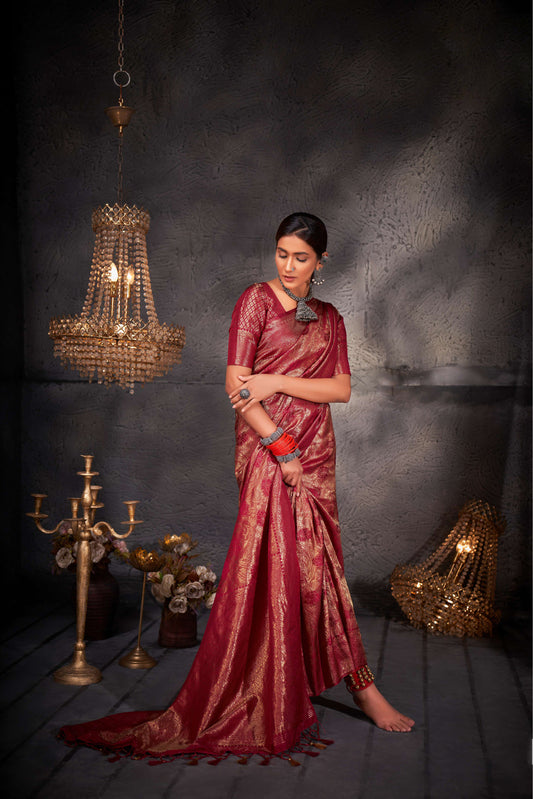 Neon Red Color Gold Zari Kanjeevaram Silk Saree