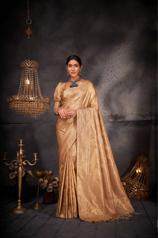 Beige Color Gold Zari Kanjeevaram Silk Saree