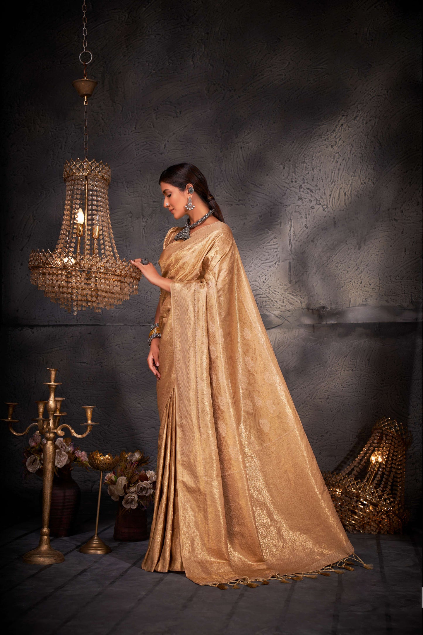 Beige Color Gold Zari Kanjeevaram Silk Saree