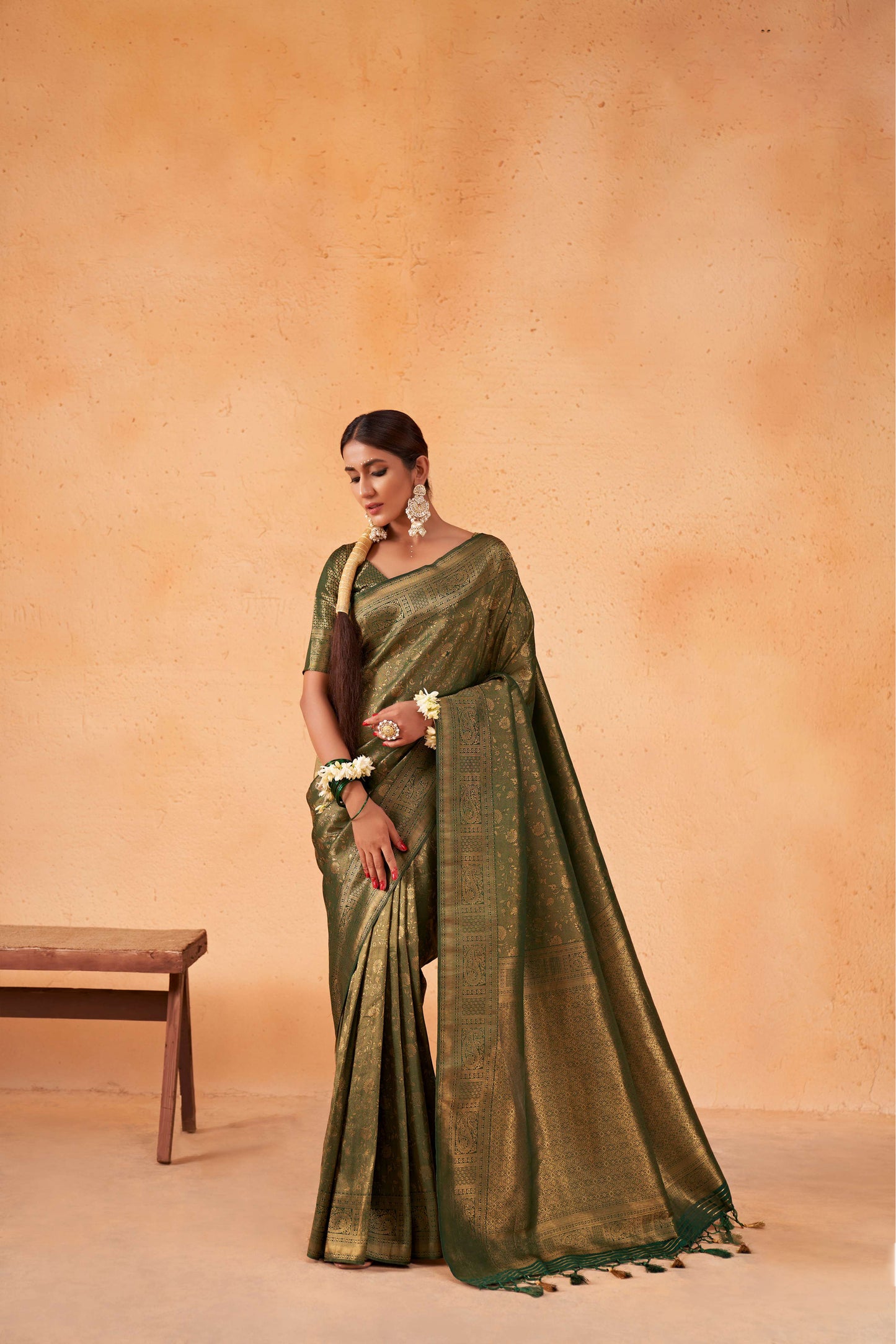 Dark Green Color Gold Zari Kanjeevaram Silk Saree