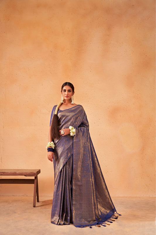 Blue Color Golden Zari Kanjeevaram Silk Saree