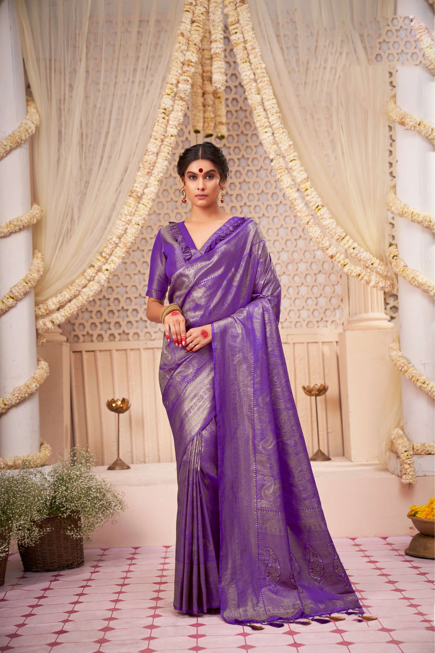 Purple Color Zari Kanjeevaram Silk Saree for Sangeet