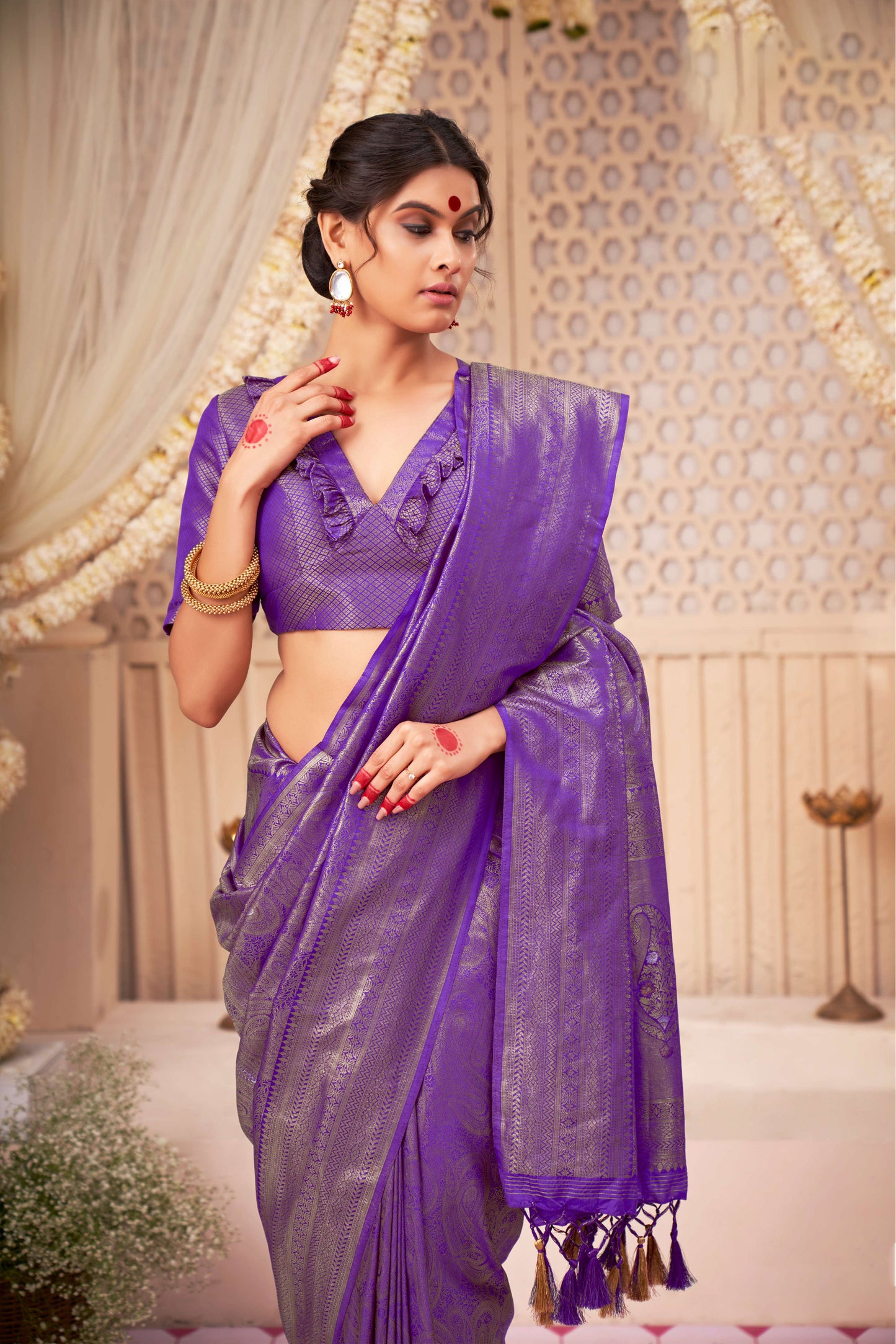Purple Color Zari Kanjeevaram Silk Saree for Sangeet