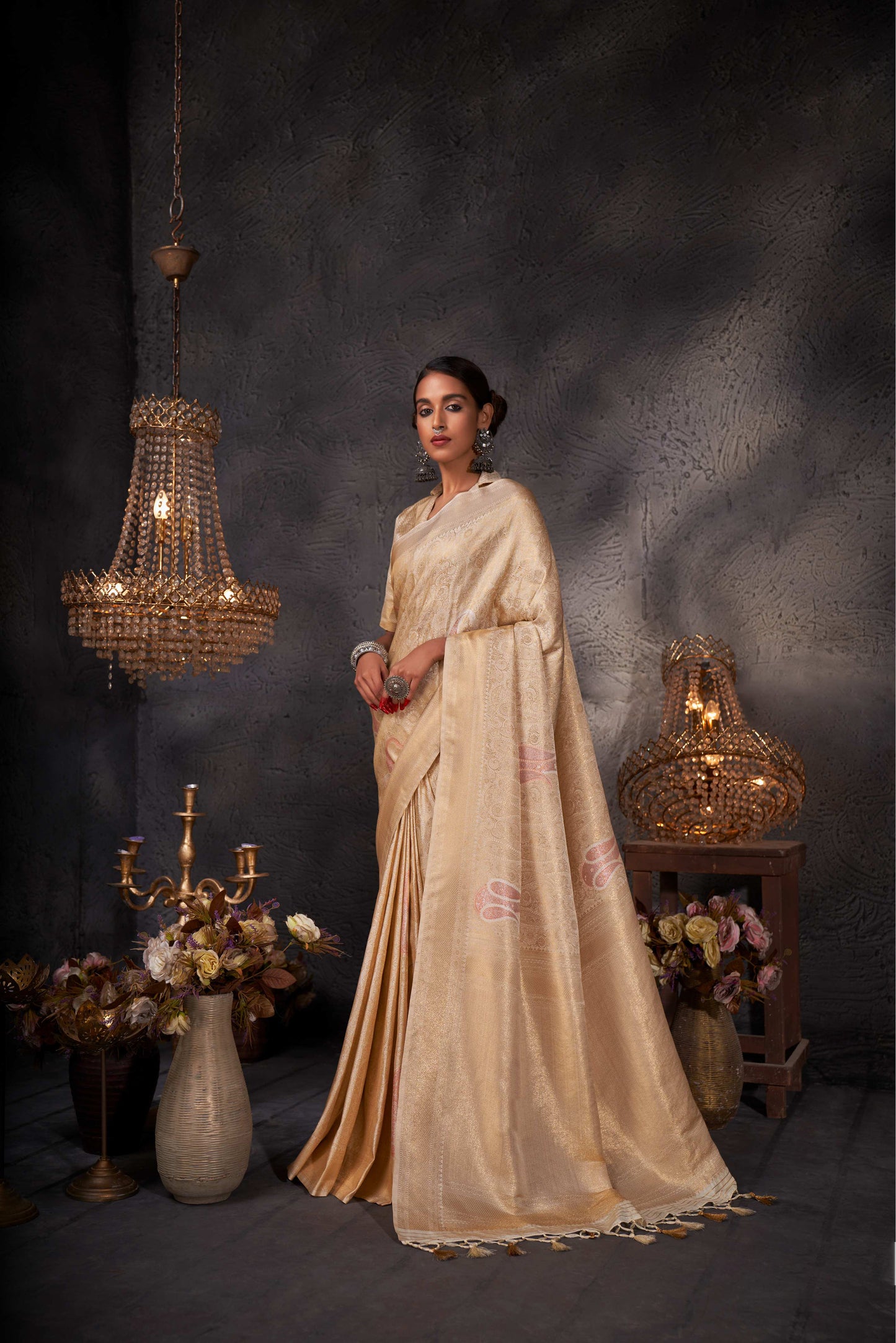 Off-white Color  Gold Design Zari Kanjeevaram Silk Saree