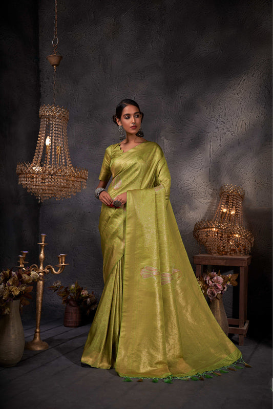 Yellowish Green Color Silver Design Zari Kanjeevaram Silk Saree
