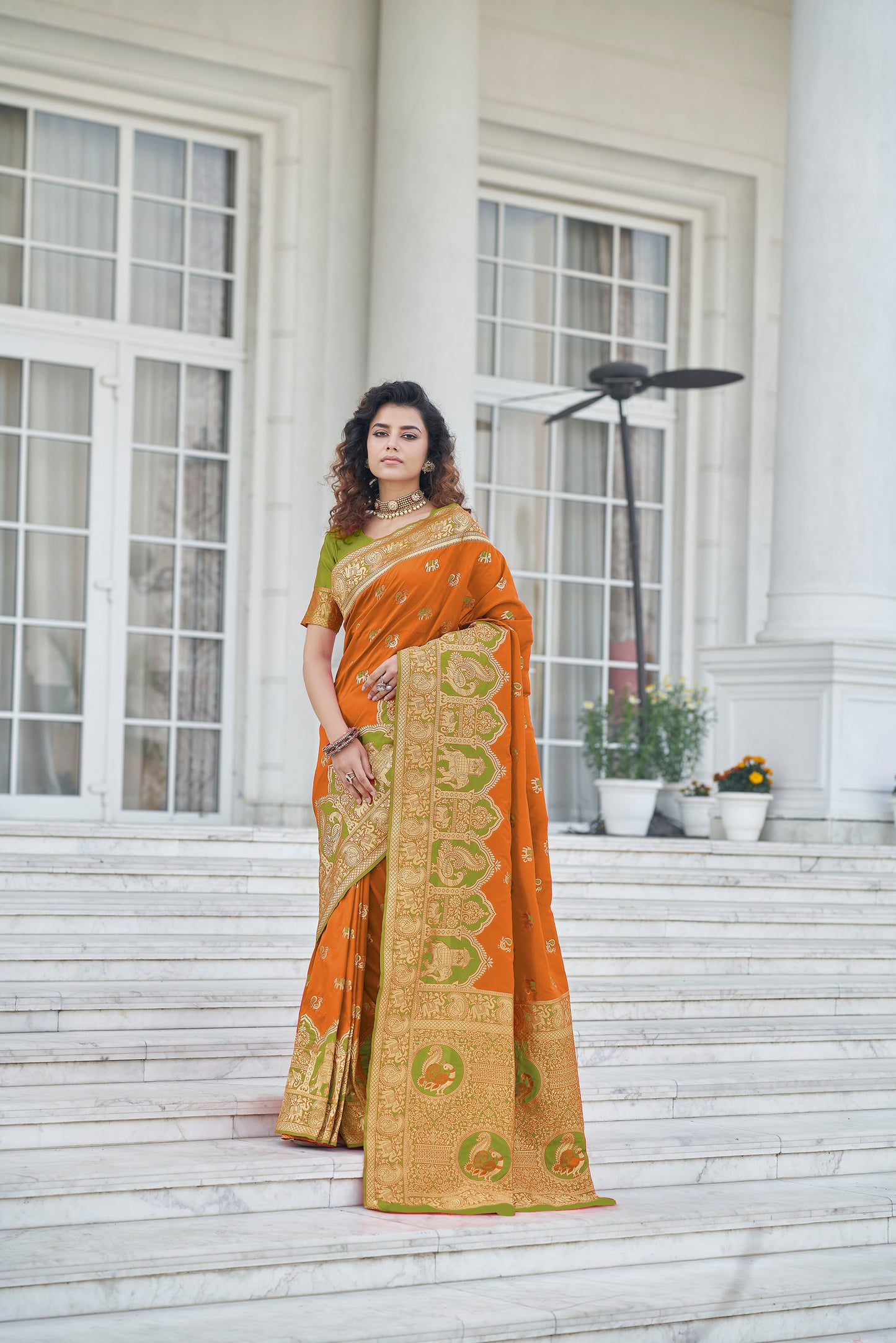 Orange Color Banarasi Zari Weaving Saree
