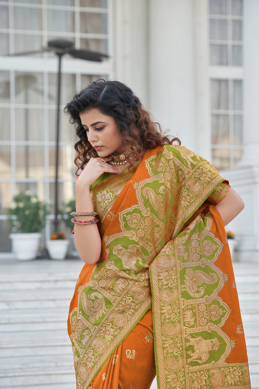 Orange Color Banarasi Zari Weaving Saree