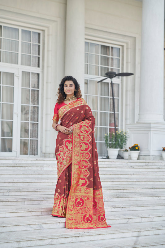 Brown Color Banarasi Zari Weaving Saree for Mehendi