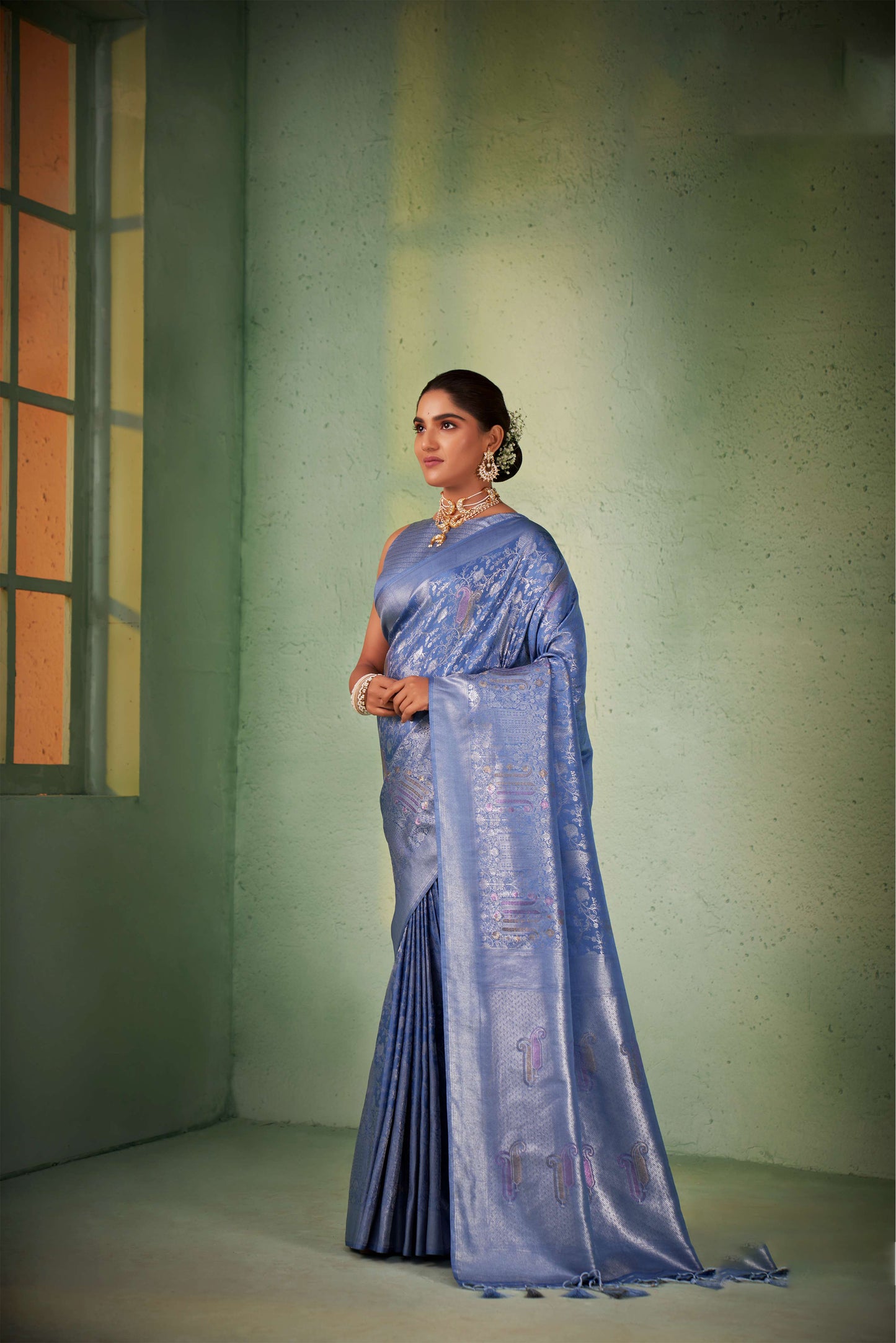 Blue Color Silver Design Zari Kanjeevaram Silk Saree