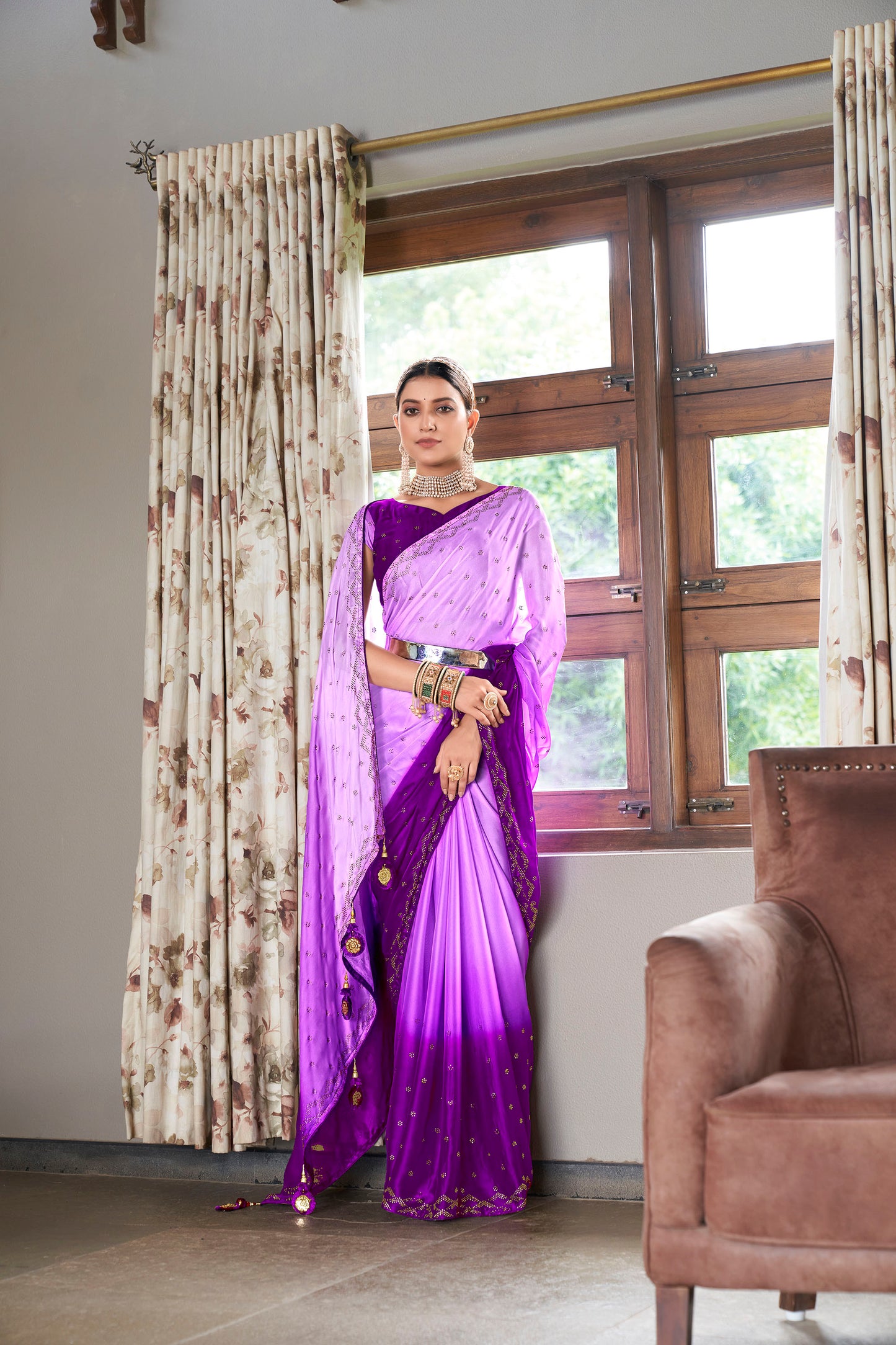 Pink & Purple Color Rangoli Silk Swarovski Saree