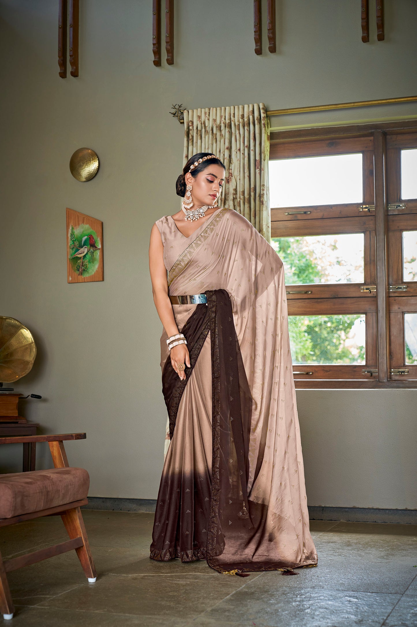Brown Color Rangoli Silk Swarovski Saree