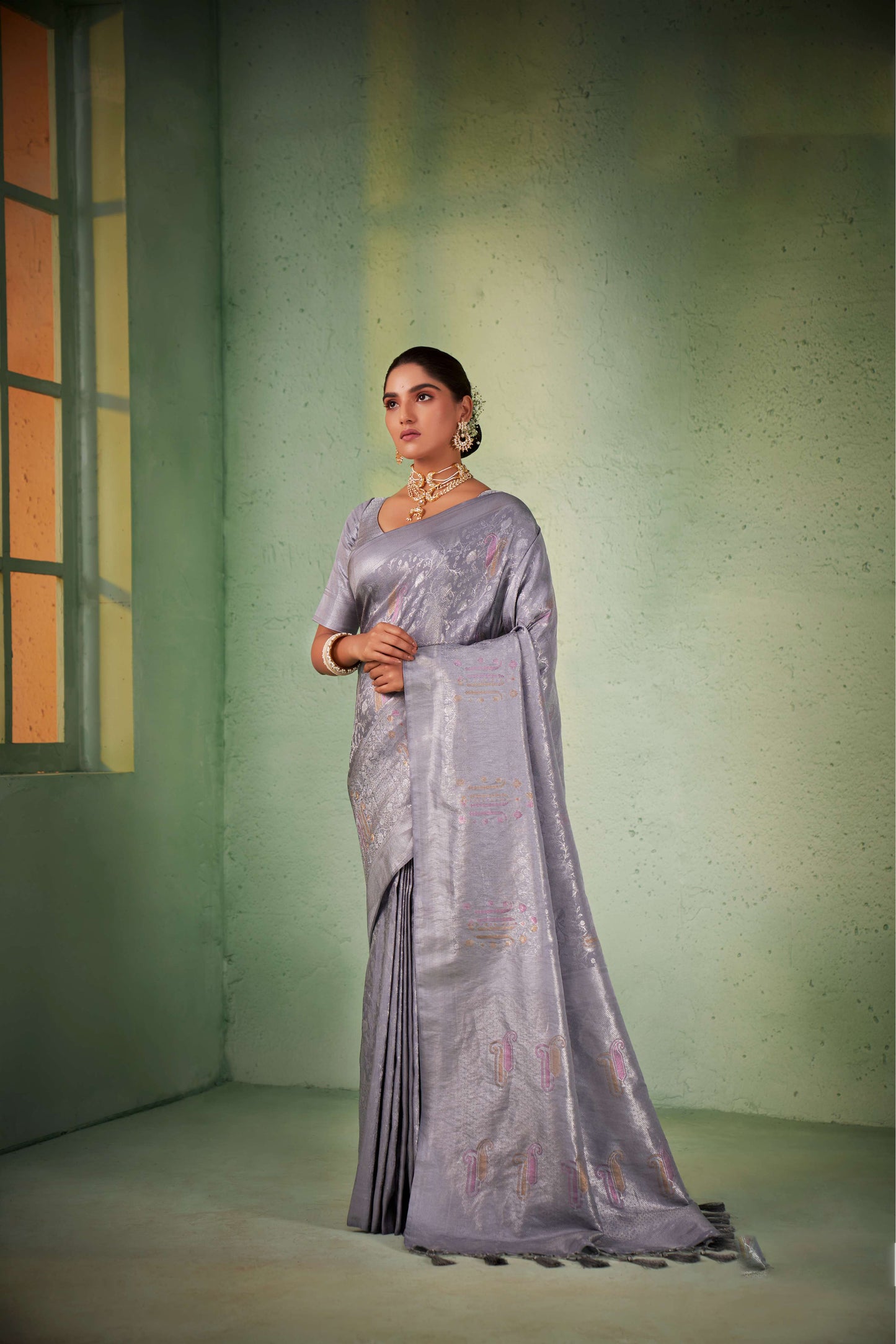 Grey Color Silver Design Zari Kanjeevaram Silk Saree
