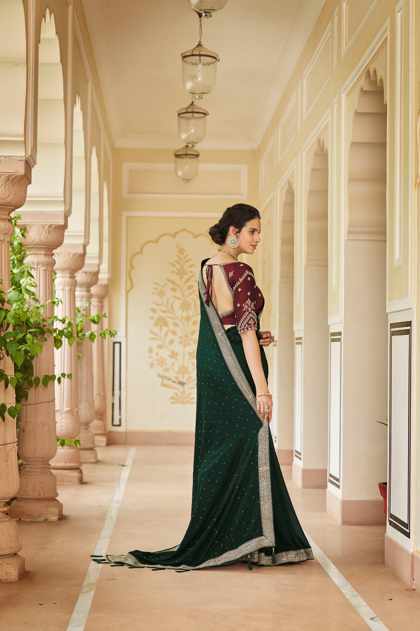 Dark Green Color Sequined Swarovski Saree