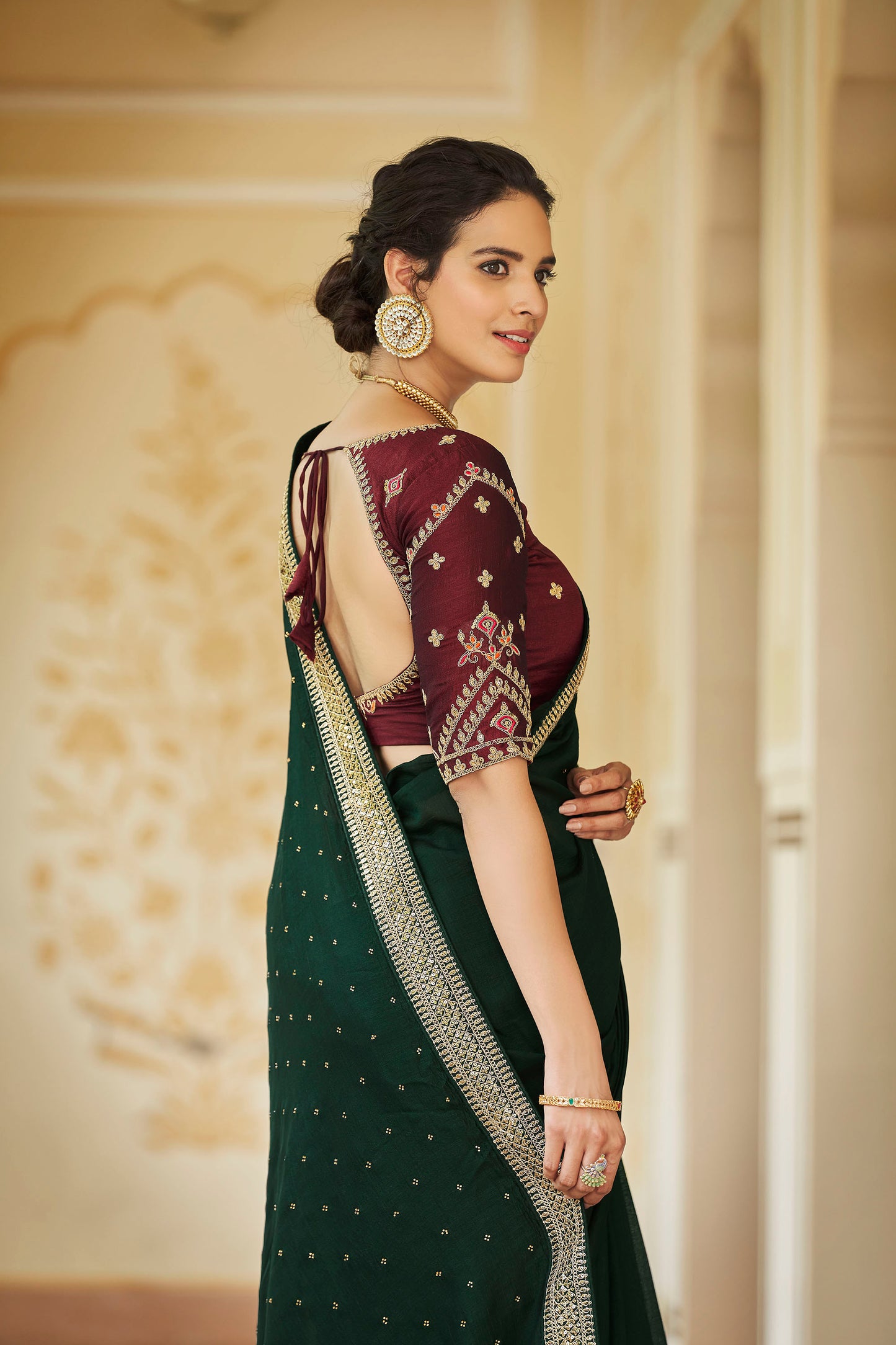 Dark Green Color Sequined Swarovski Saree