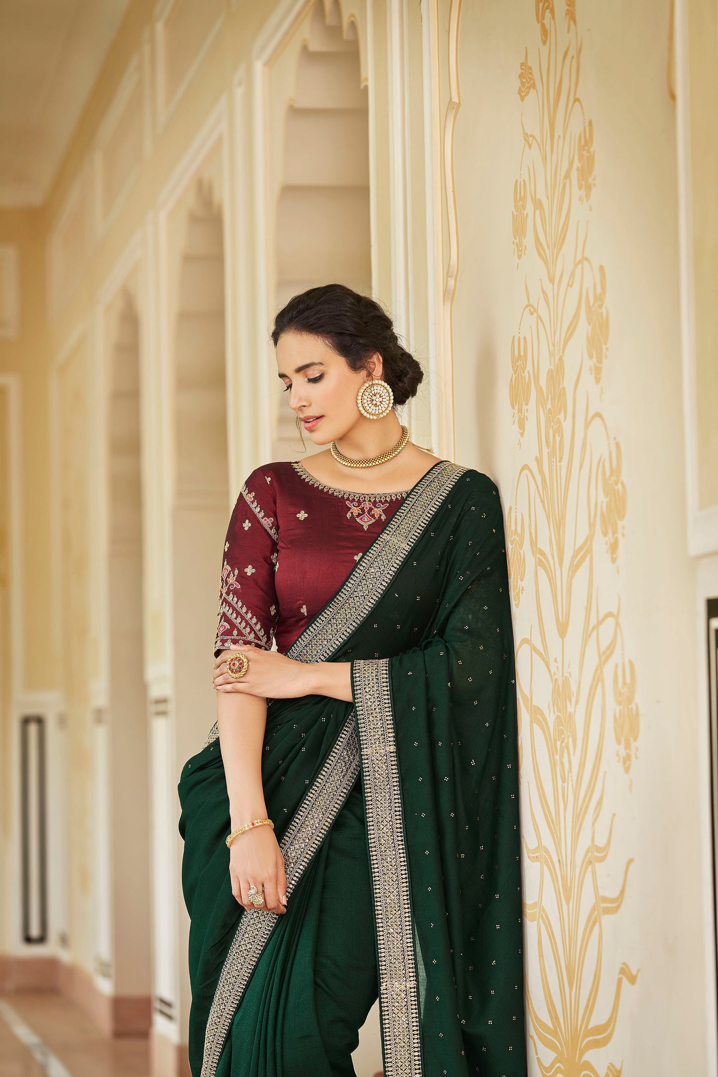 Dark Green Color Sequined Swarovski Saree