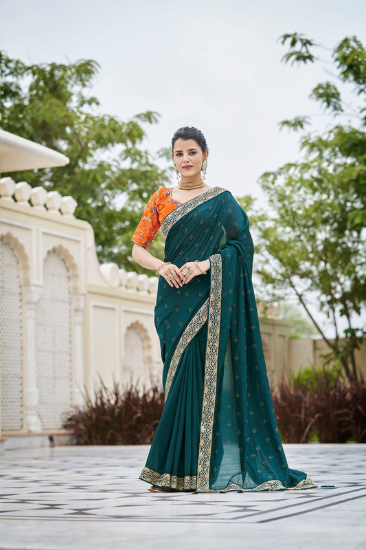 Rama Green Color Sequined Swarovski Saree