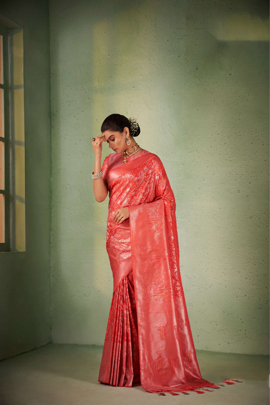 Red Color Silver Design Zari Kanjeevaram Silk Saree