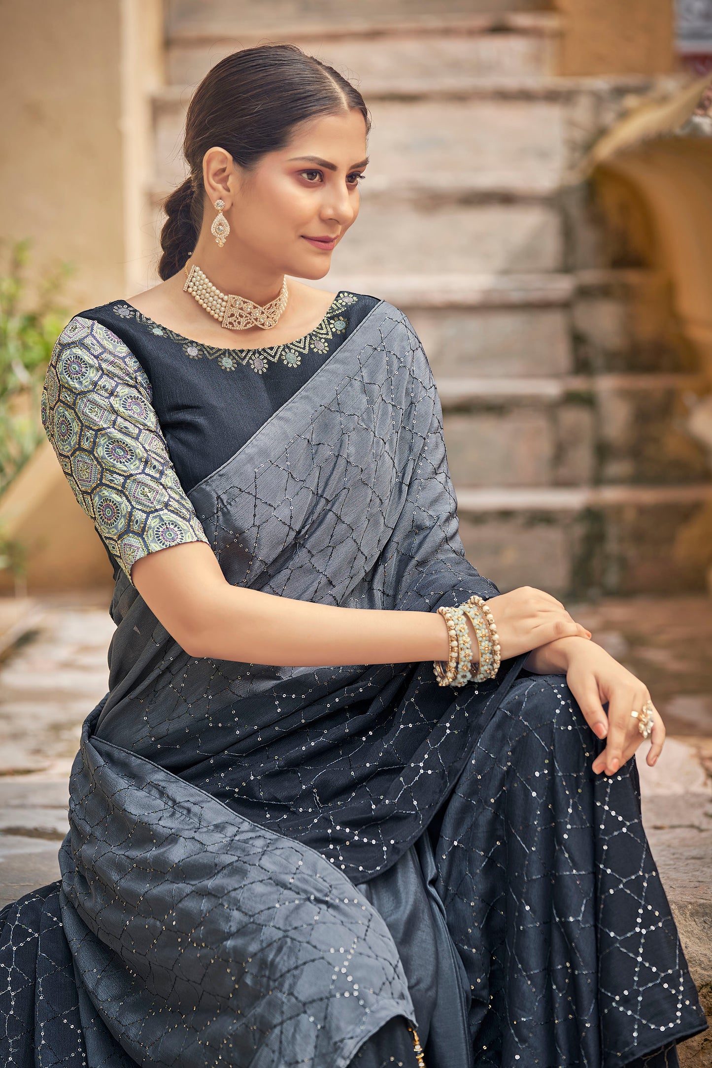Grey Color Chinnon Sequence Work Saree