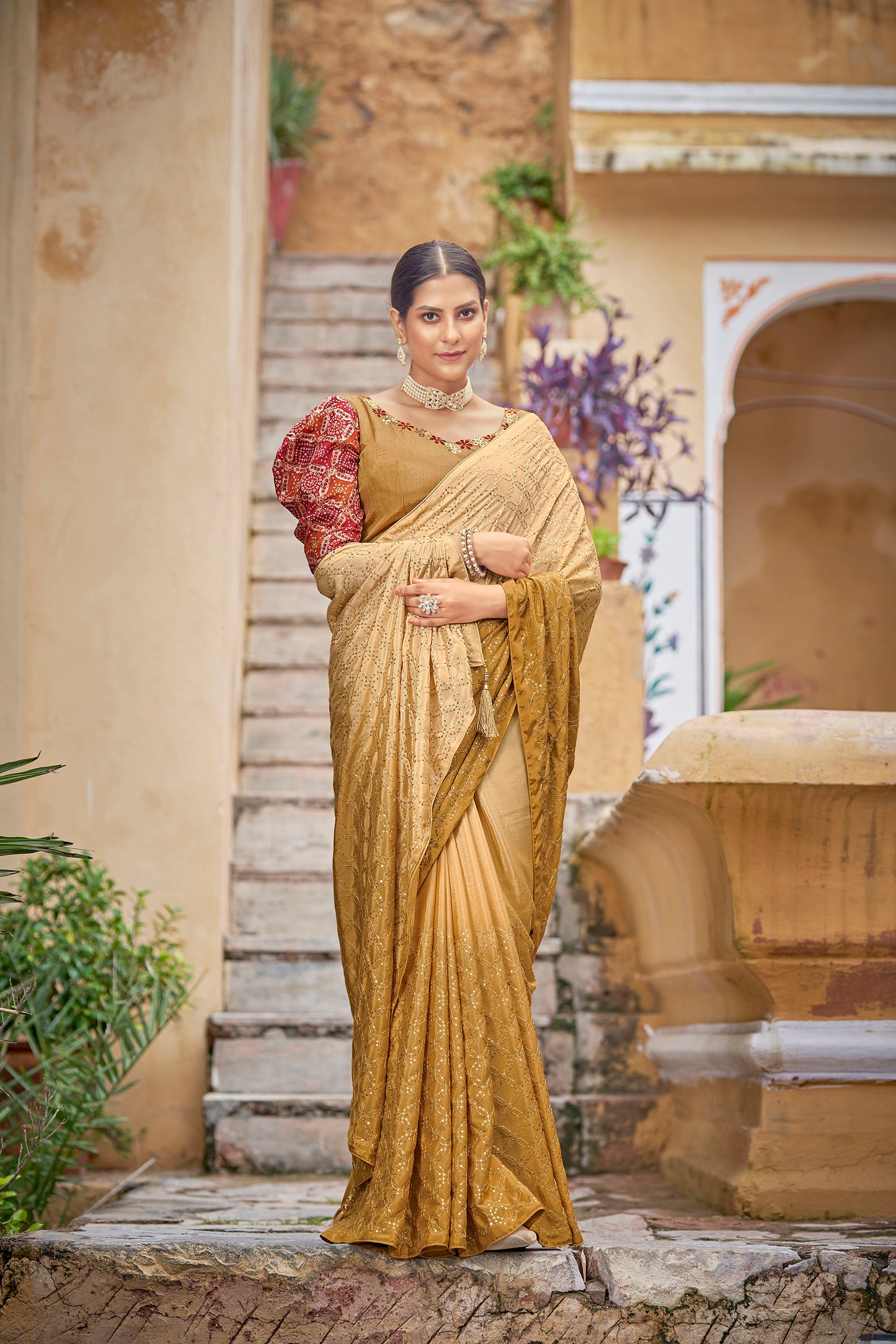 Yellow Color Chinnon Sequence Work Saree