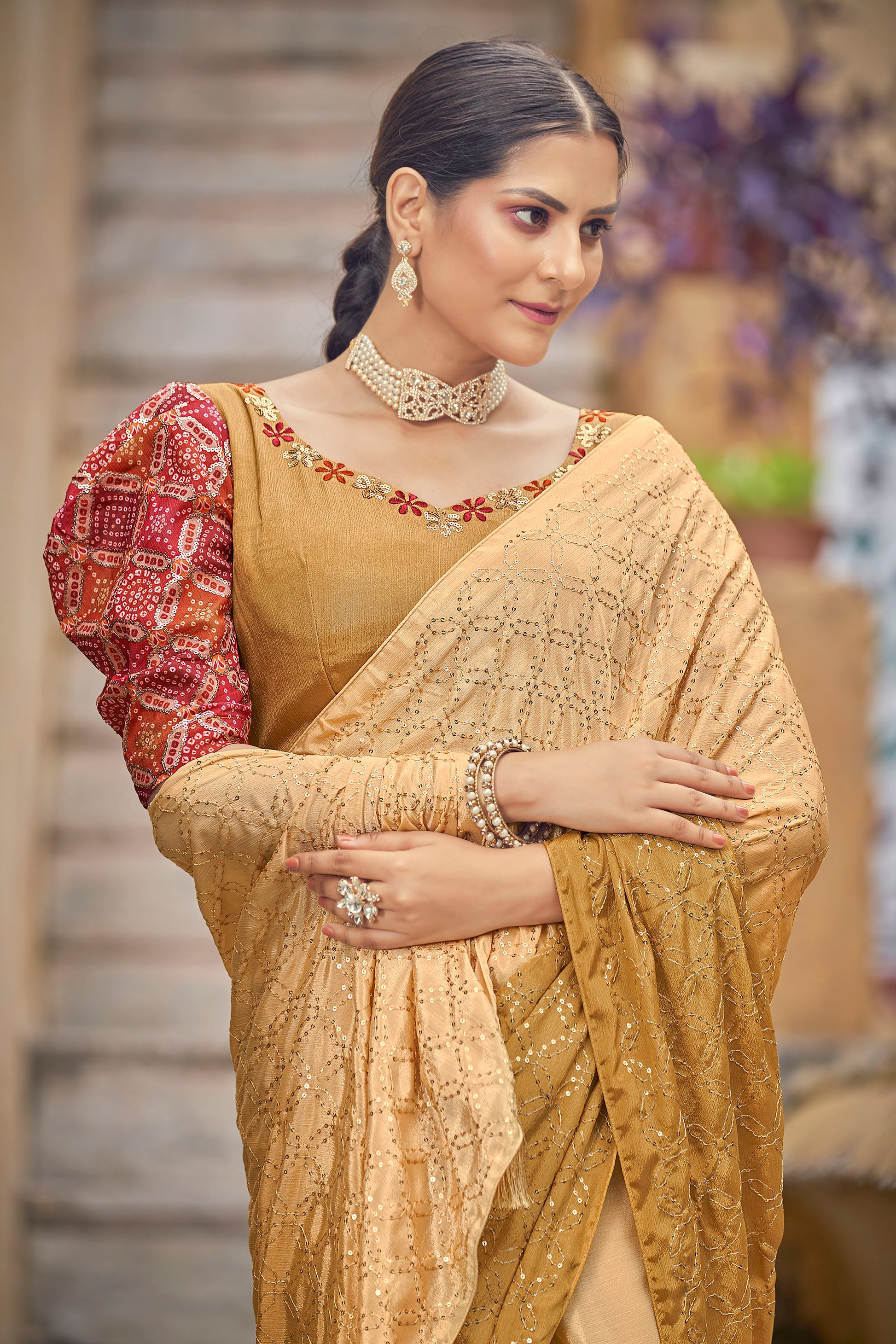 Yellow Color Chinnon Sequence Work Saree