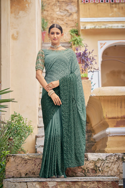 Green Color Chinnon Sequence Work Saree