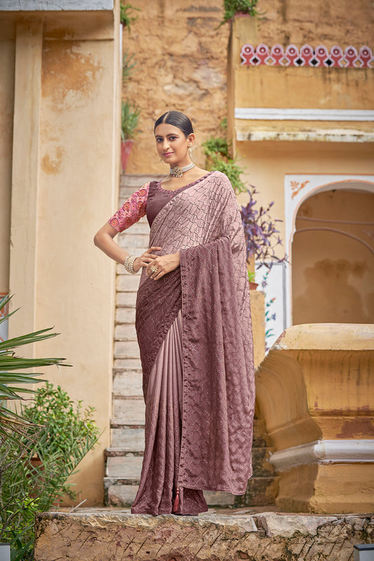 Dusty Pink Color Chinnon Sequence Work Saree