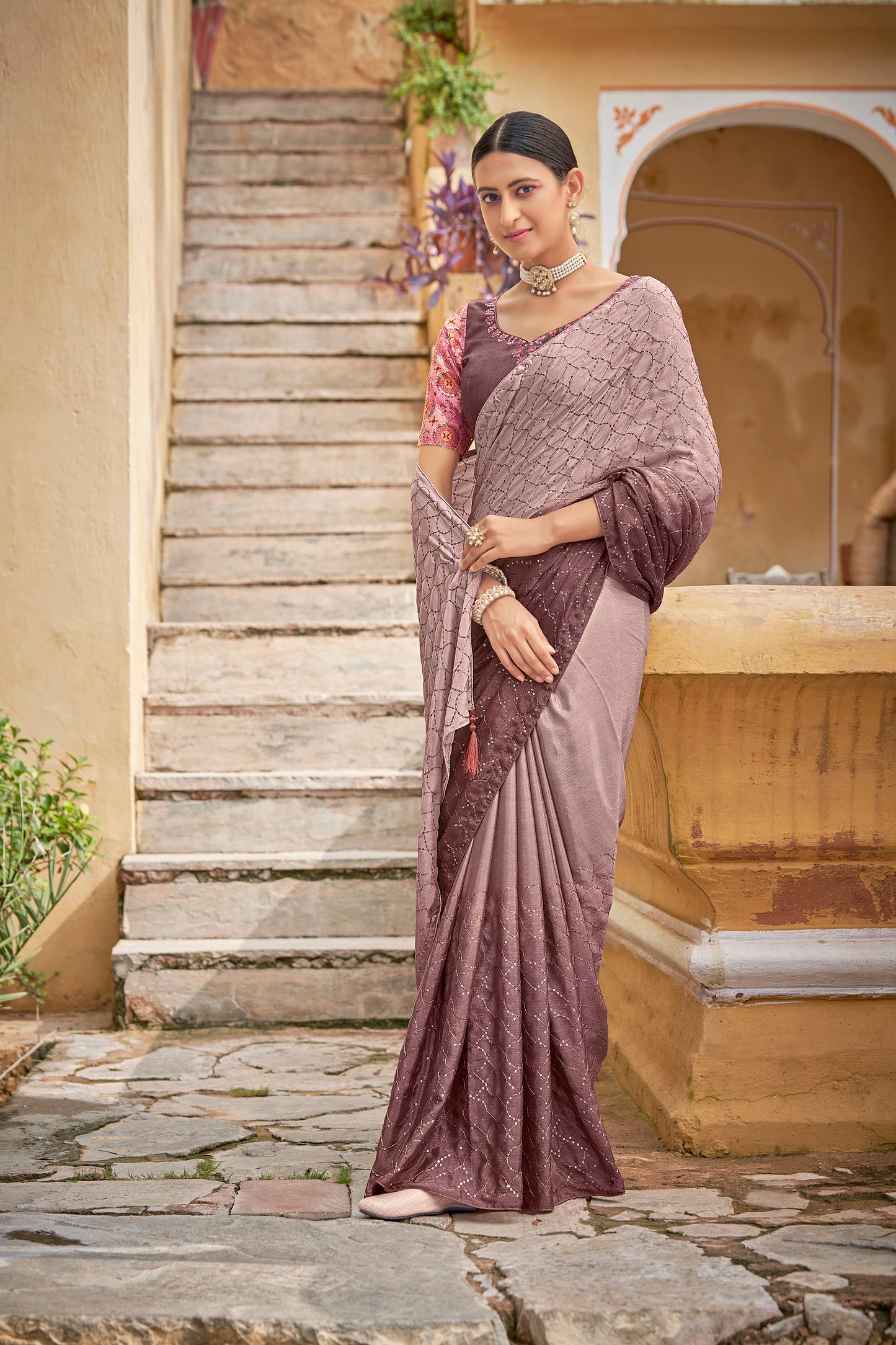Dusty Pink Color Chinnon Sequence Work Saree