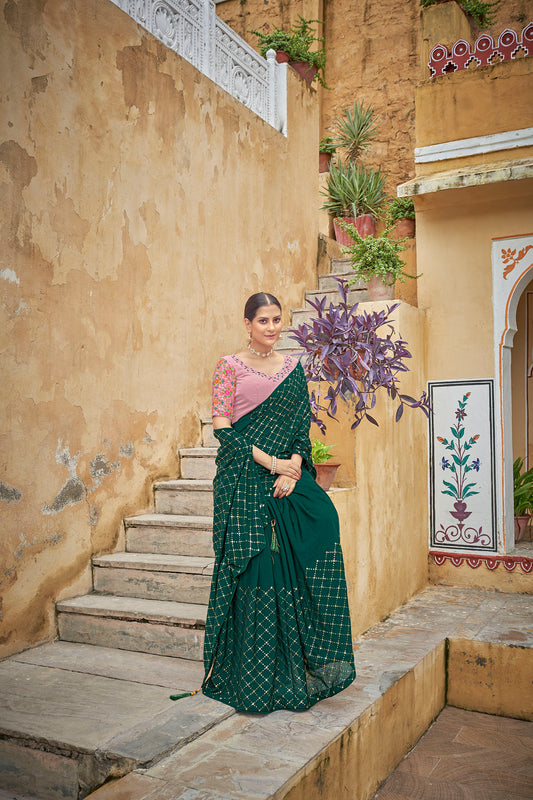 Green Chinnon Sequence Work Saree