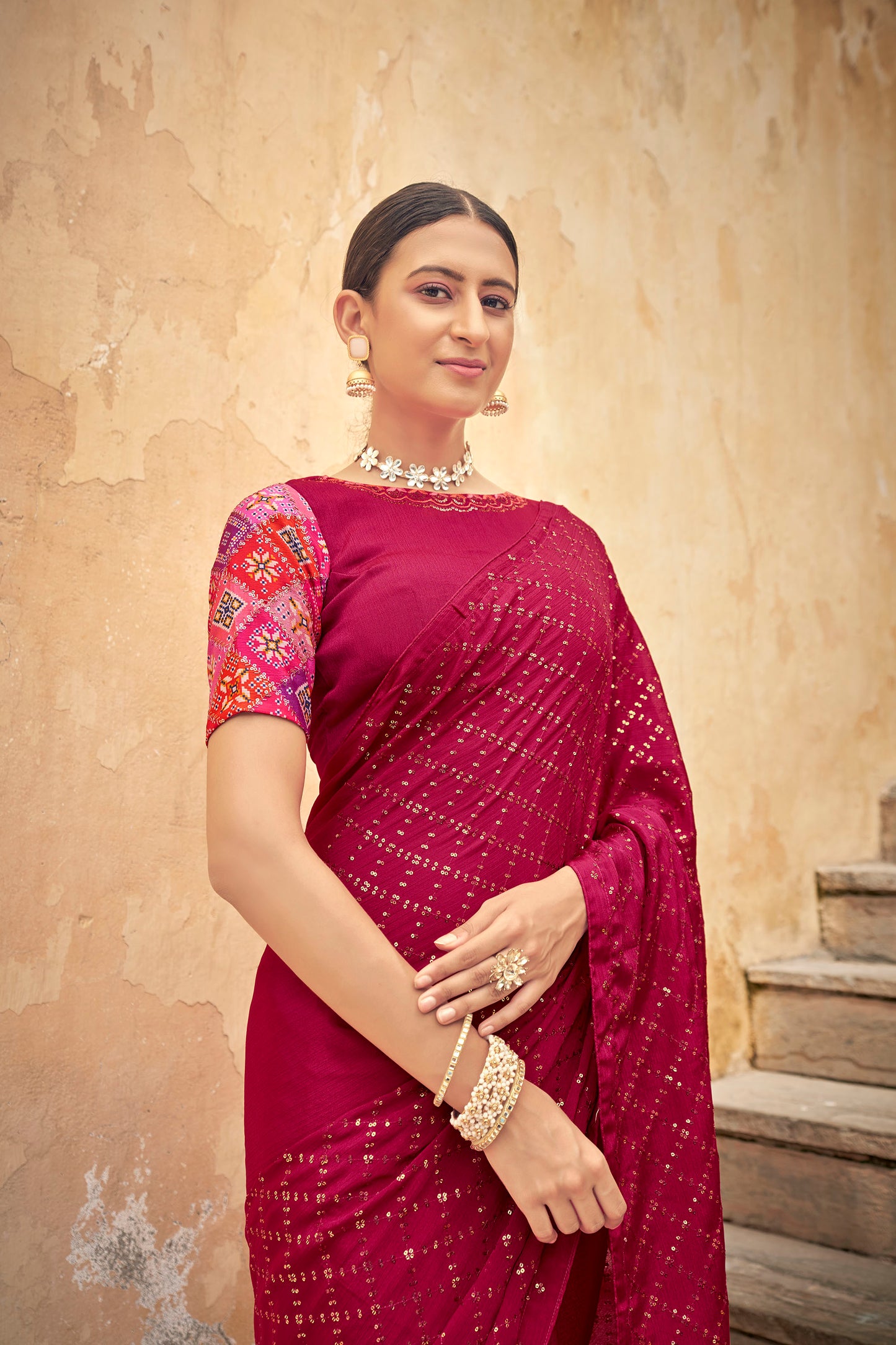 Dark Pink Color Chinnon Sequence Work Saree