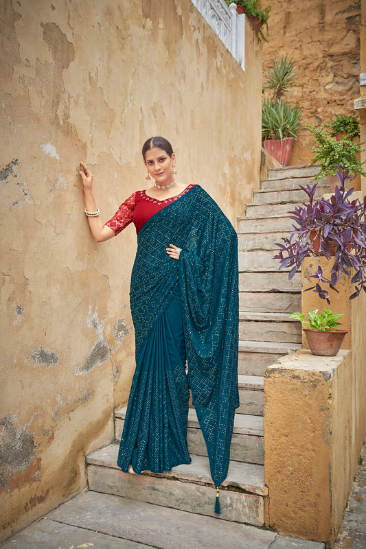 Teal Blue Color Chinnon Sequence Work Saree for Wedding Guest