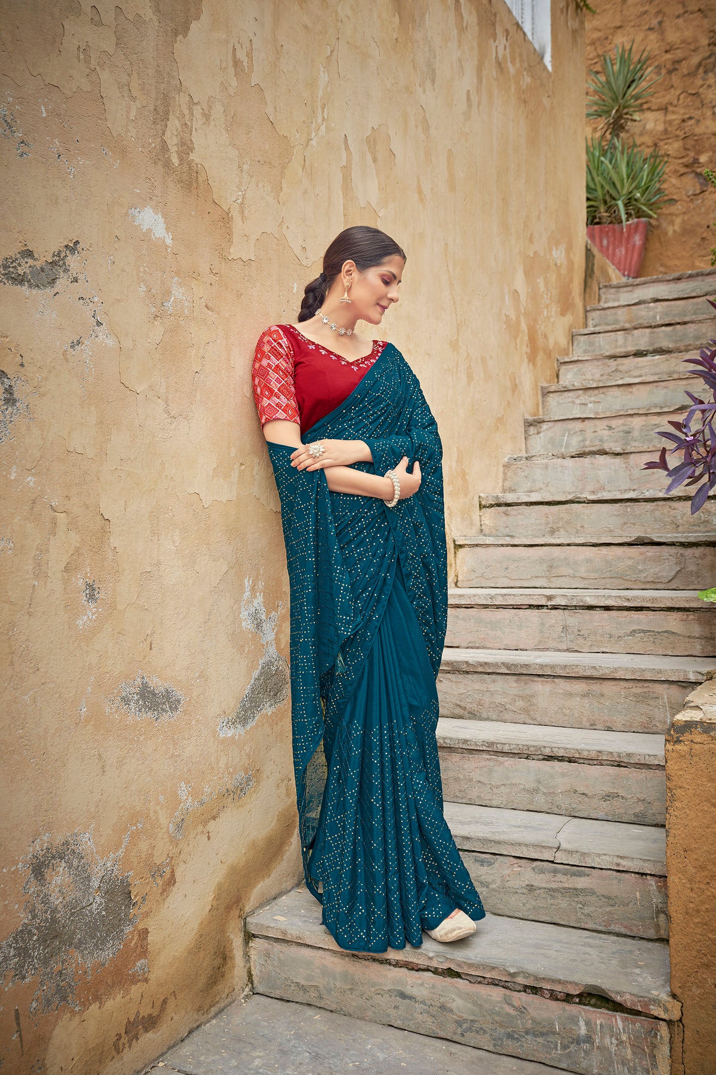 Teal Blue Color Chinnon Sequence Work Saree for Wedding Guest