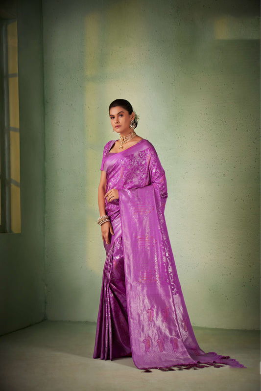 Purple Color Silver Design Zari Kanjeevaram Silk Saree