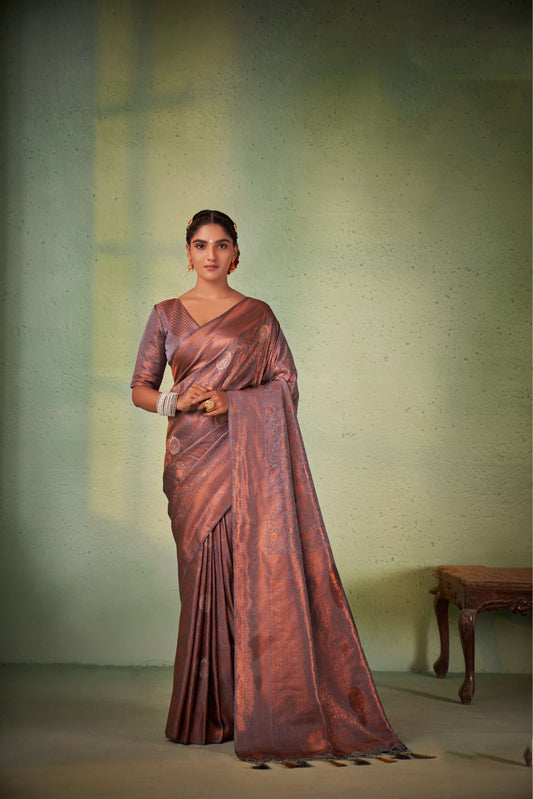Grey Color Copper Zari Kanjeevaram Silk Saree