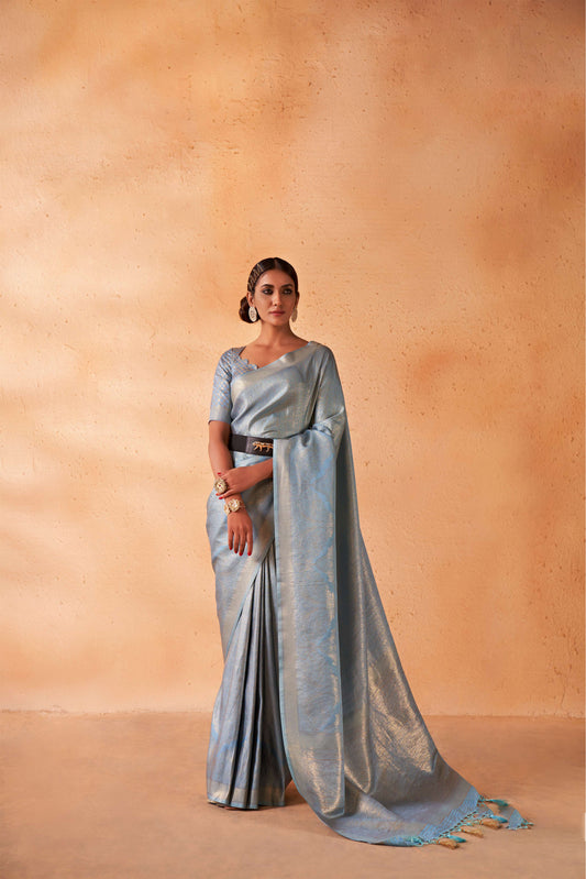 Light Blue Color Gold Zari Kanjeevaram Silk Saree