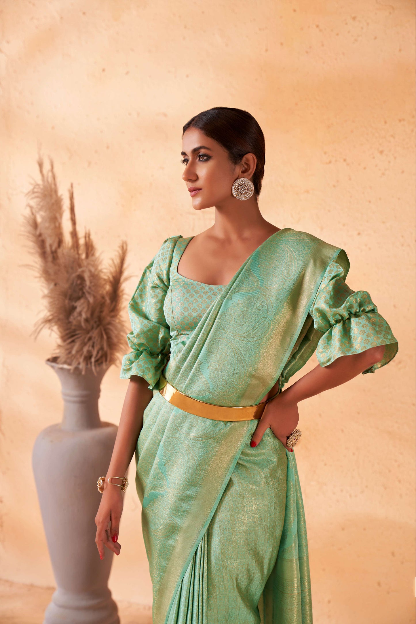 Mint Green Color Gold Zari Kanjeevaram Silk Saree
