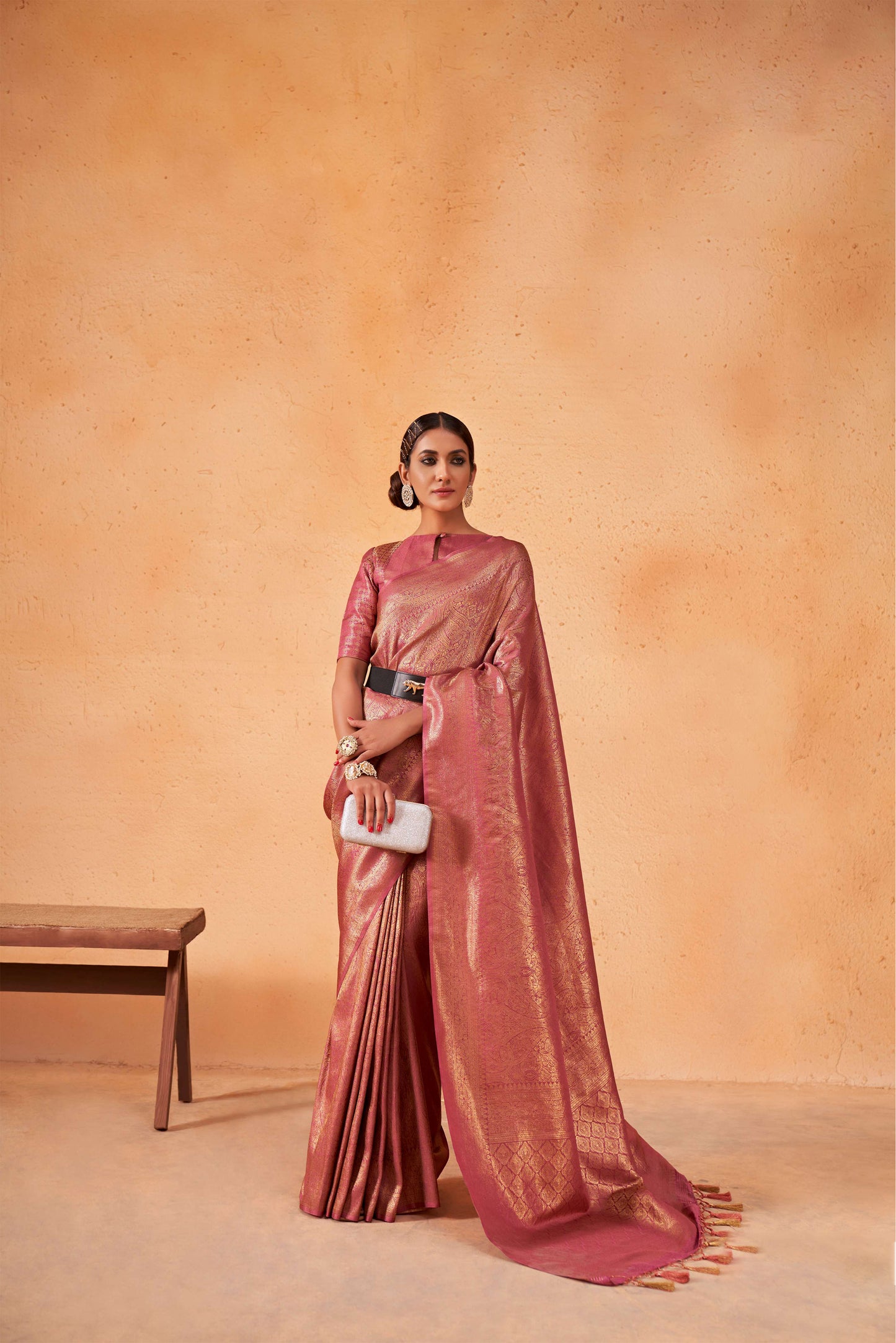 Dark Pink Gold Zari Kanjeevaram Silk Saree