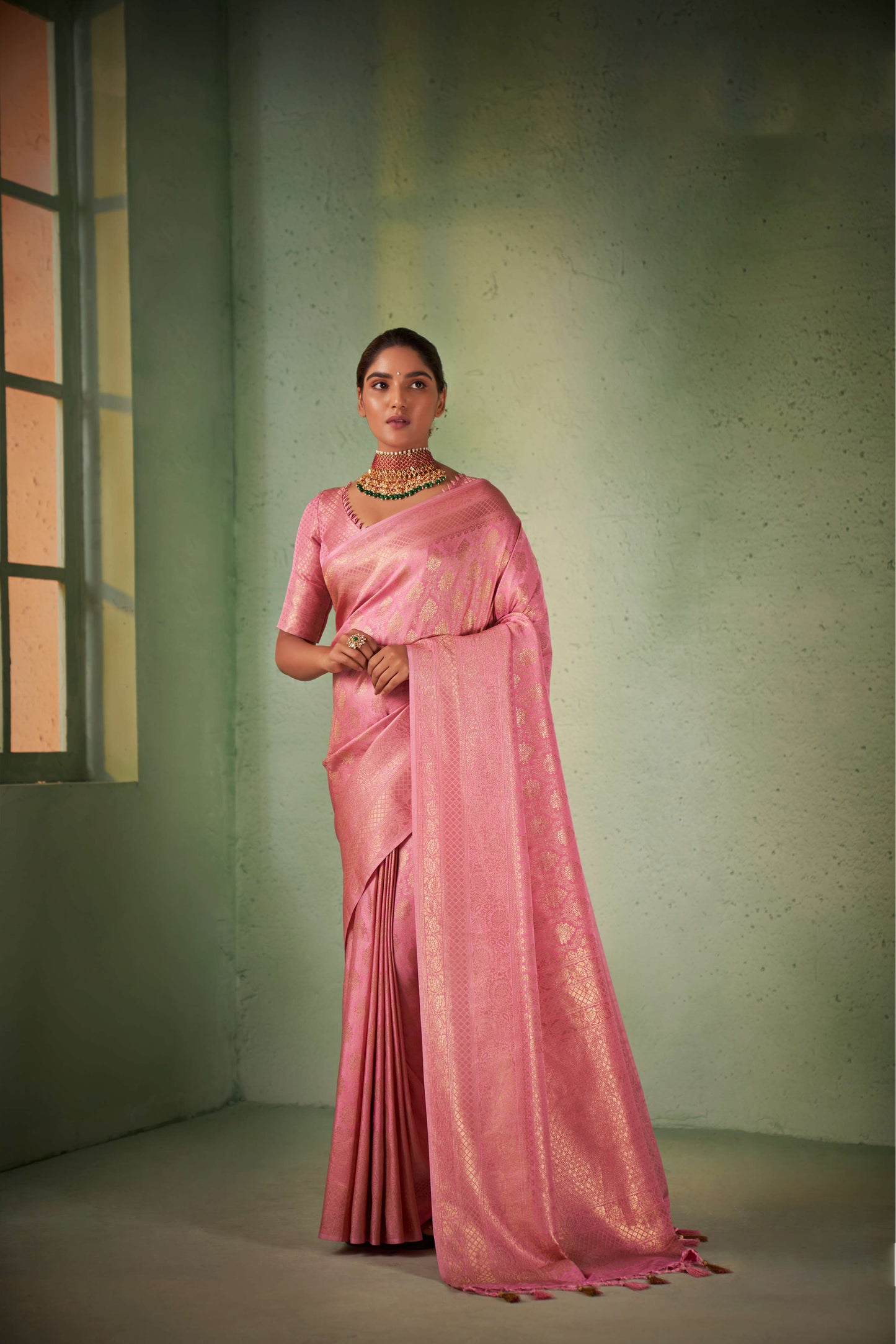 Pink Gold Zari Kanjeevaram Silk Saree
