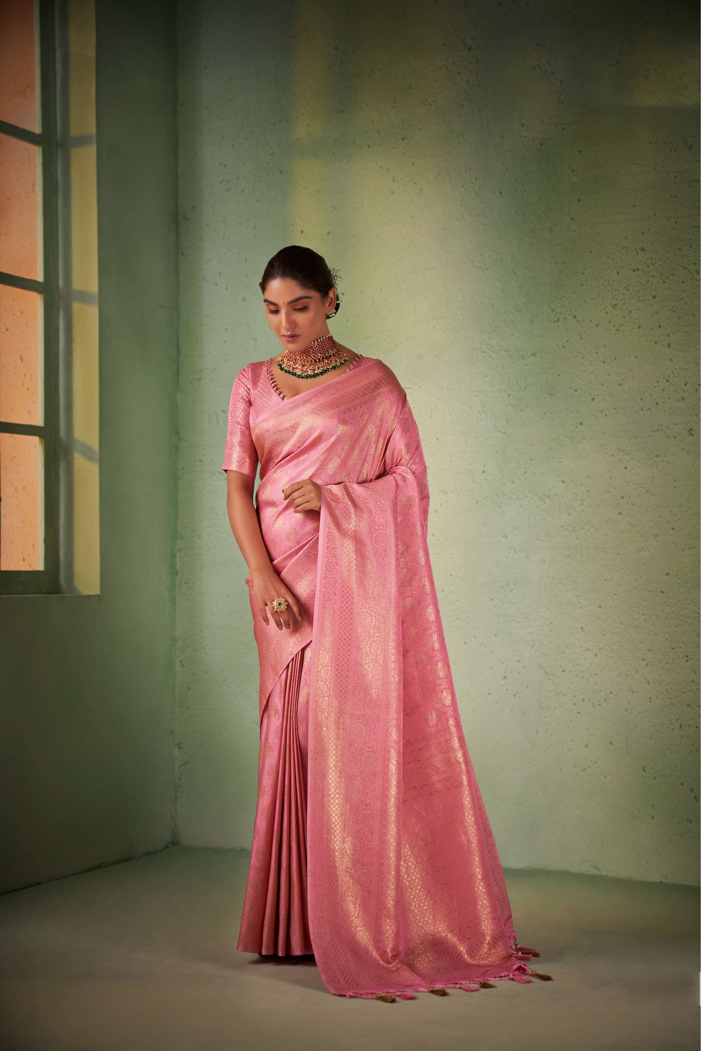 Pink Gold Zari Kanjeevaram Silk Saree