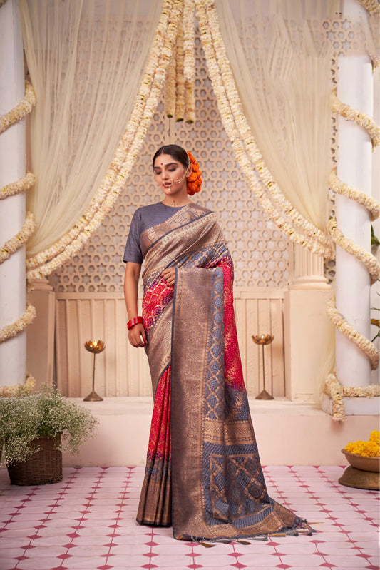 Grey & Red Gold Zari with Bandhej Bandhani Raw Silk Saree