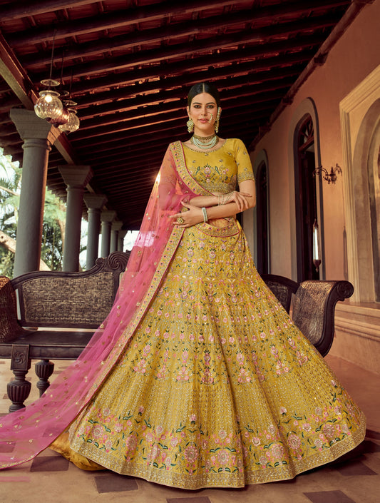 Mustard Organza Bridal Wear Lehenga Set