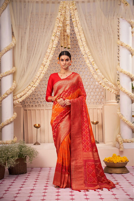 Red & Dark Orange Gold Zari with Bandhej Bandhani Raw Silk Saree