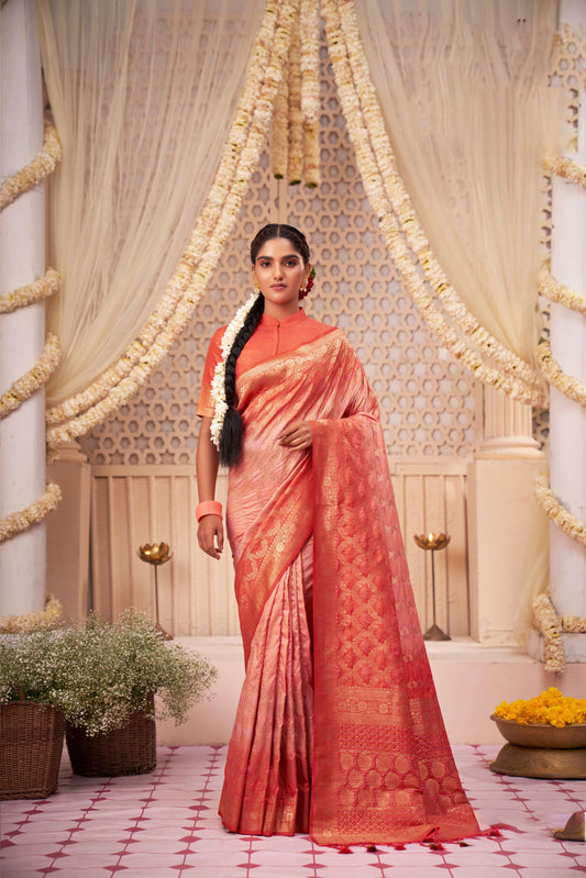 Coral Orange Gold Zari with Bandhej Bandhani Raw Silk Saree